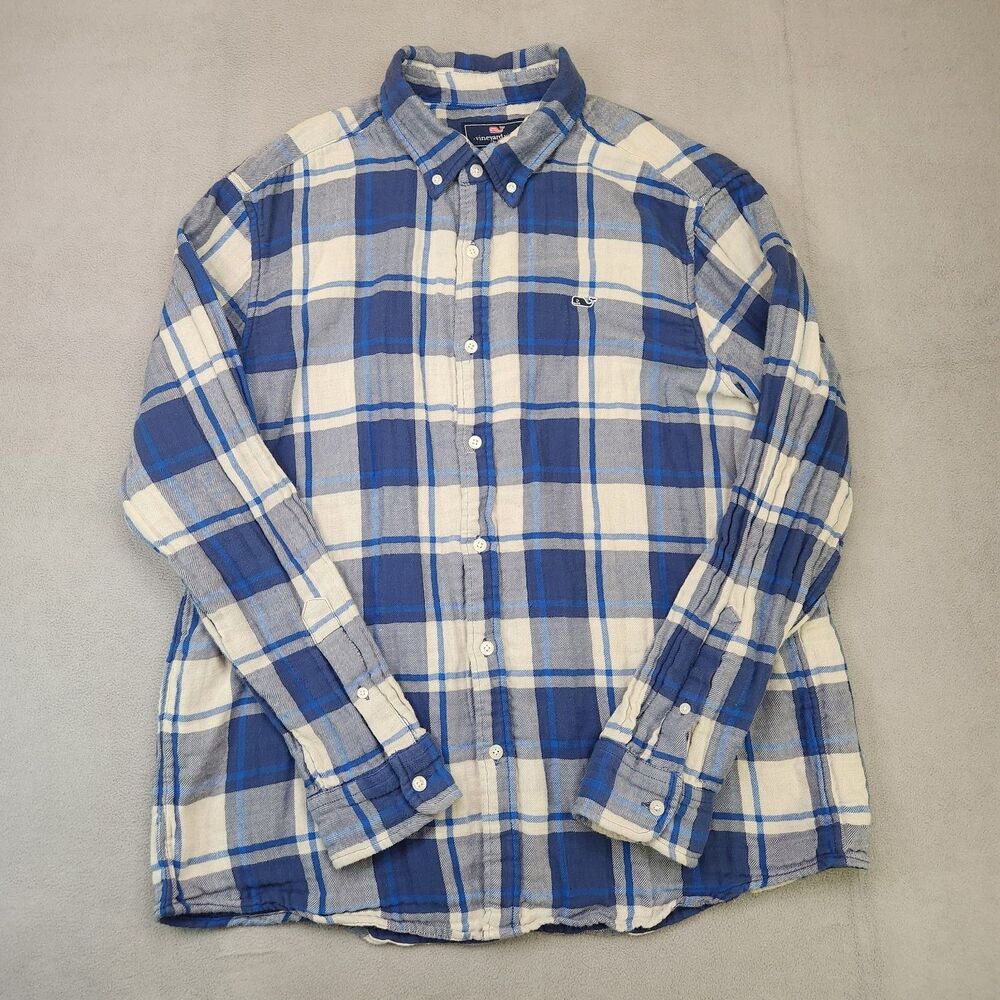 Vineyard Vines Flannel Whale Shirt Men's XL Blue Plaid Long Sleeve Classic Fit
